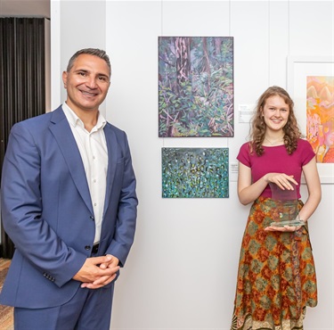 Mayor John Faker with New and Emerging Artist Winner Eleanor Dillon, 'Bush Reverie'