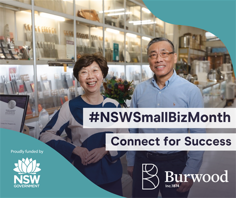 A man and a woman smiling at the camera in a shop selling kitchenware, advertising NSW Small Business Month