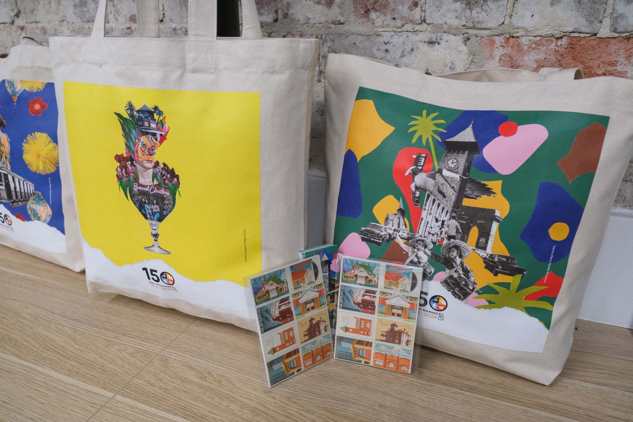150 years of Burwood tote bags and postcards