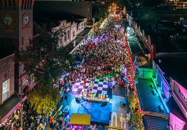 large crowd from above at burwood street party on burwood road