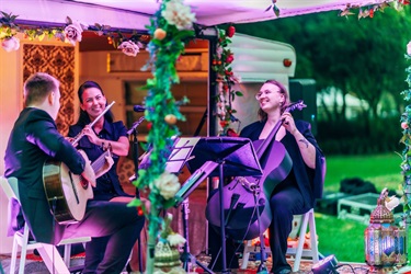 musicians sitting and playing flute, cello and guitar