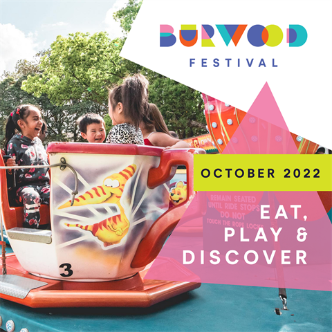 A photo of children on a festival ride with text that reads Burwood Festival, October 2022, Eat Play and Discover