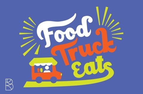 Cartoon food truck on purple background with words saying Food Truck Eats