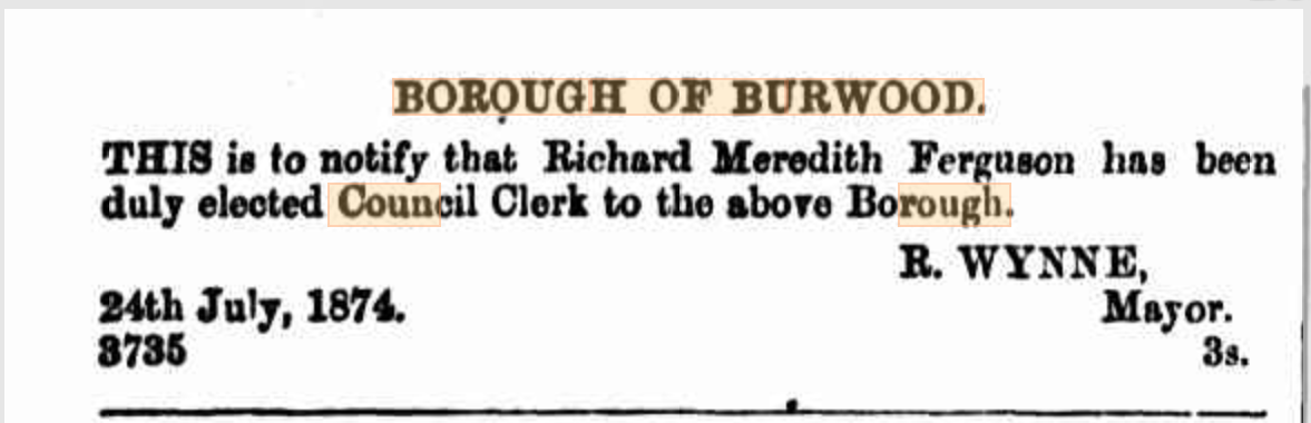 First Burwood Clerk 1874