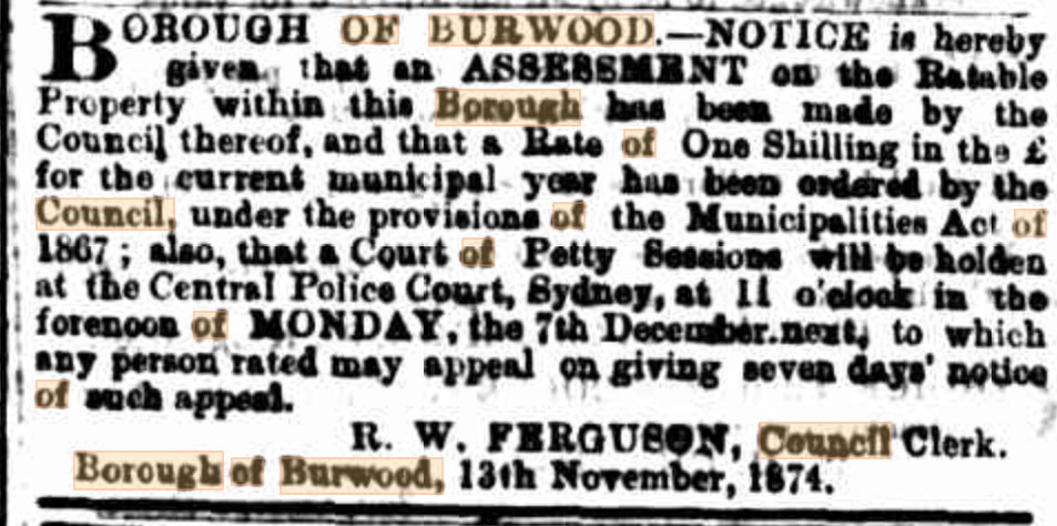First Notice of Rates to be payable Burwood 1874