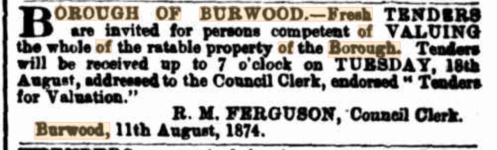 Tender for Rate valuations Burwood 1874