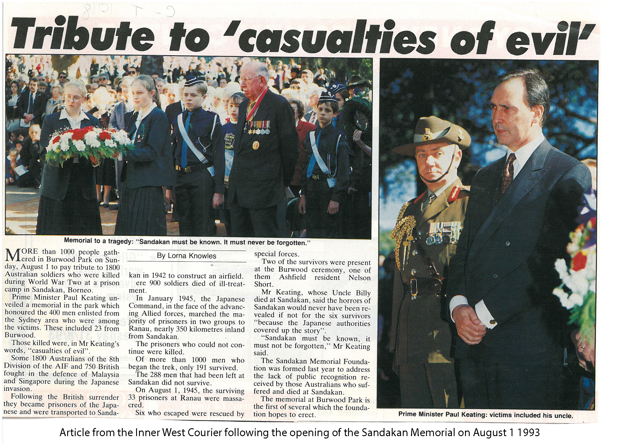 Sandakan - Inner West Courier Article from opening of memorial in 1993 