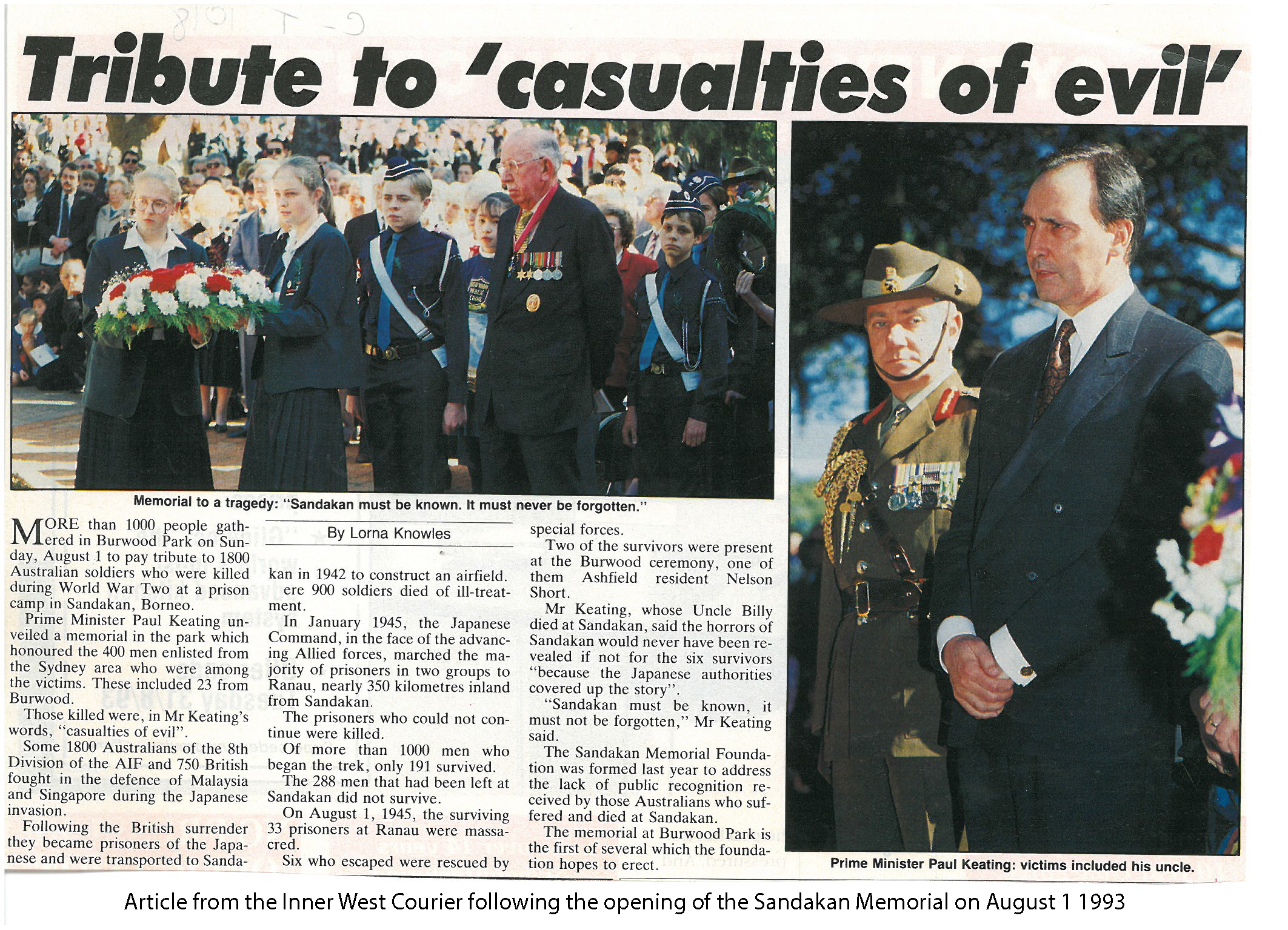 Sandakan - Inner West Courier Article from opening of memorial in 1993