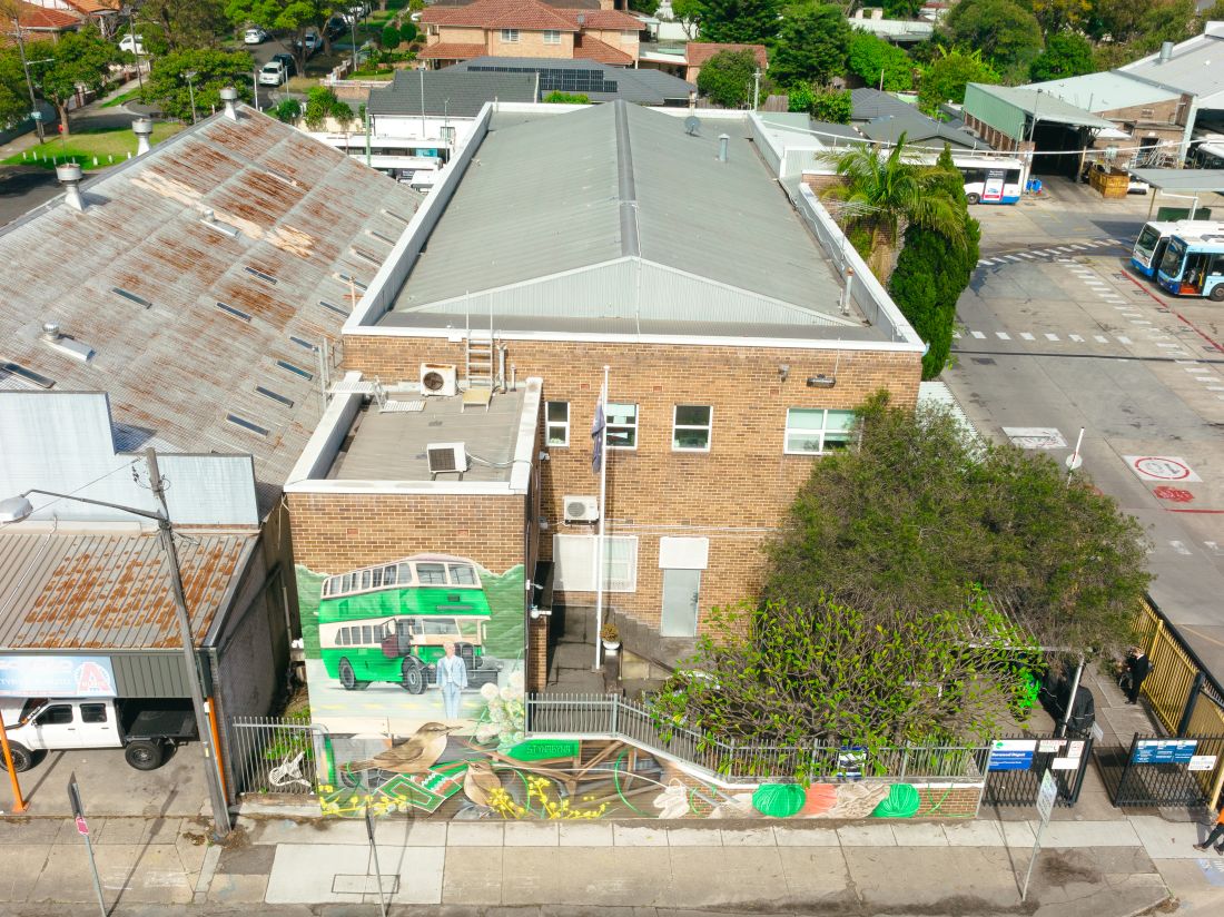 aerial photo of Burwood bus depot showing the wall mural