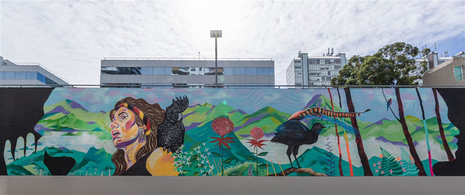 wall mural with a black cockatoo perched on a ladies shoulder