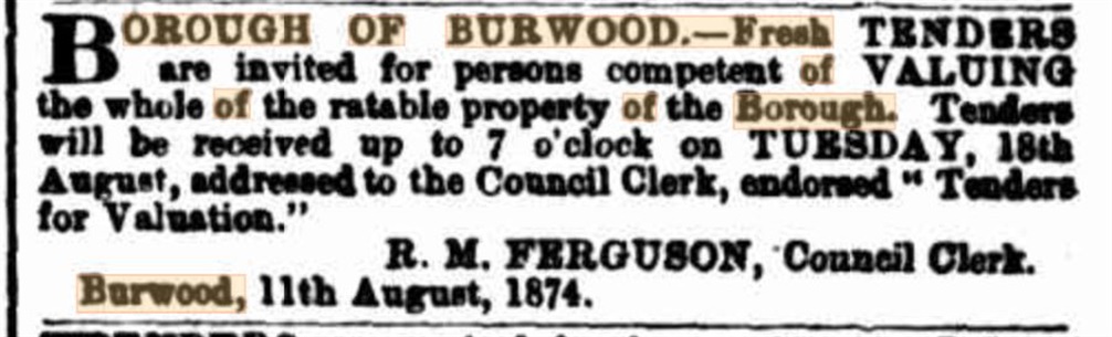 Tender for Rate valuations Burwood 1874