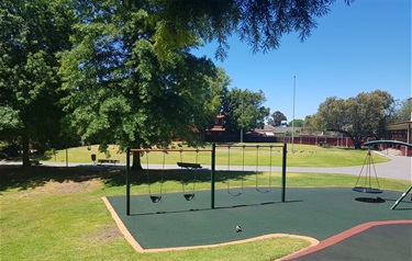 Photo of Woodstock Park play area with swings surrounded by grass and trees
