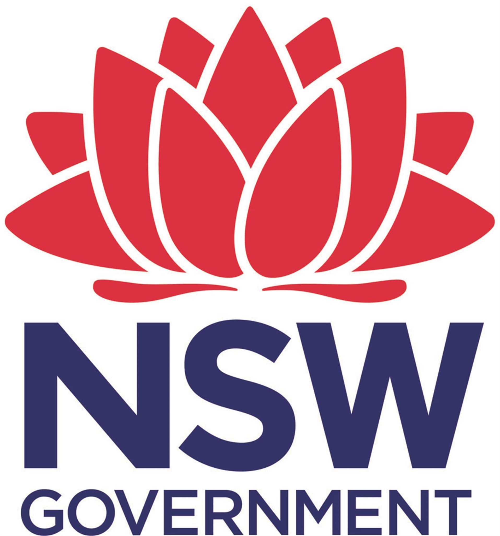 NSW Government logo which has blue NSW government writing and a red Waratah (Telopea speciosissima), which is the official floral emblem of New South Wales